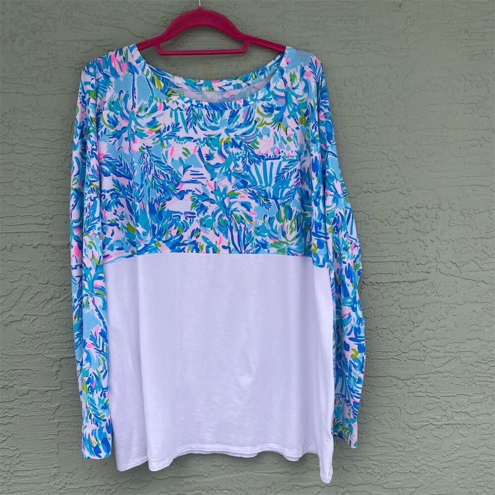 Lilly Pulitzer Finn Top 2XL Blue Ibiza Long Sleeve Blouse Women's